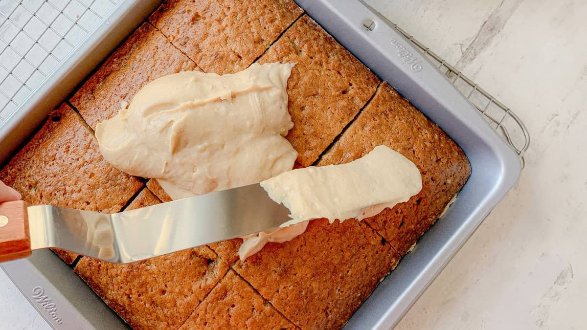 A gluten-free banana cake glazed in the pan.