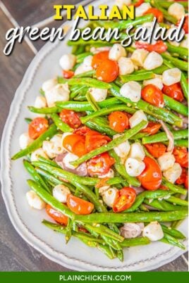 Green bean, mozzarella, tomato and prosciutto dish