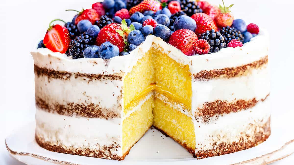 A lemon cake topped with mixed berries with a slice cut off to reveal the lemon curd filling.