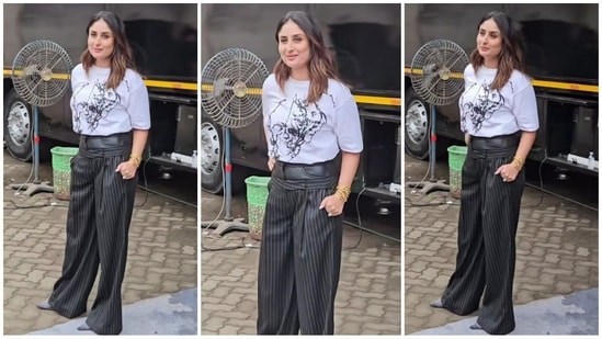 Kareena Kapoor's latest look shows how to turn a white tee into a chic outfit. She wore a white shirt with bold black abstract prints, tucked into loose-fitting striped black pants for a glamorous finish. With this outfit, Kareena proves that she can nail any look with effortless flair. (Instagram)