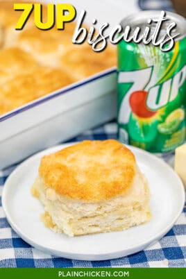 cookie on a plate in front of a can of 7up soda with text overlaid