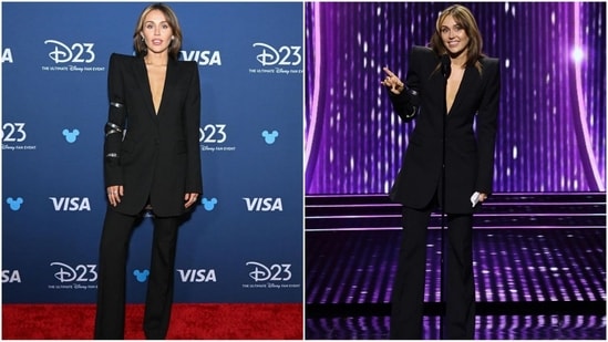 Miley Cyrus is known for making a statement, and her latest look is no exception. She's redefining power dressing in a navy pantsuit that oozes sophistication and style. The long blazer with a deep V-neckline and matching flared pants give off a bossy vibe. She kept her look classy with stud earrings, fresh makeup, and her hair styled in loose waves. (Instagram)