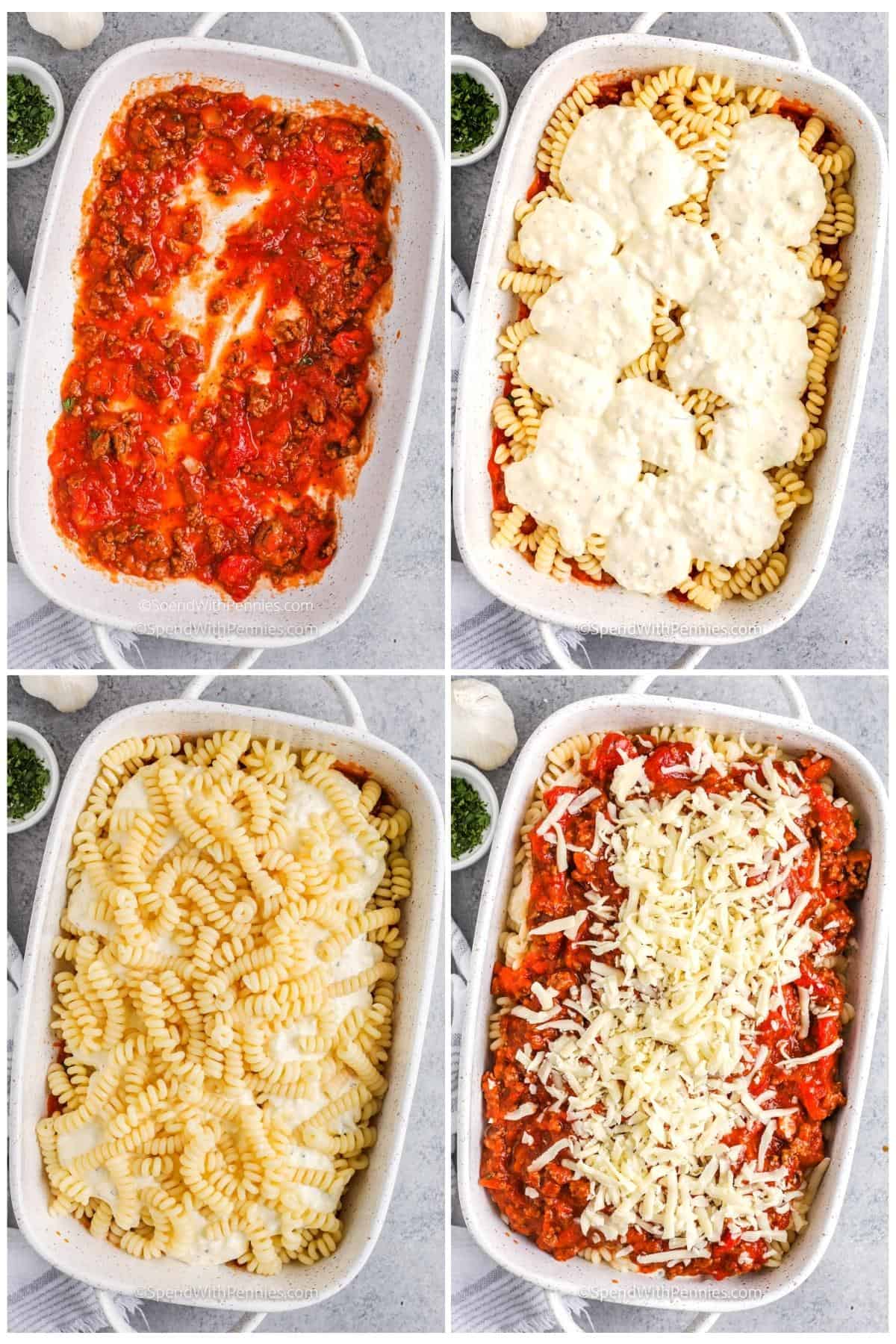 Process of adding ingredients to the pan to make ground beef casserole