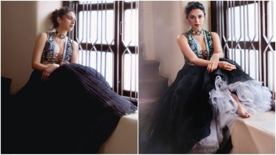 Aditi Rao Hydari exudes an ethereal charm in her latest photoshoot, dazzling in her stunning ethnic outfits. She sported a blouse with knotted details paired with a flared ruffled skirt, which gave her a glamorous vibe. (Instagram)