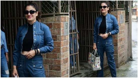 Raveena Tandon is certainly looking more stylish by the day and her latest look proves it. She sported a denim-on-denim ensemble featuring a black crop top, a denim jacket and cargo pants. (HT Photo/VarinderChawla)