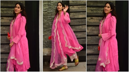 Janhvi Kapoor was spotted out and about in the city looking effortlessly chic in a simple gulabi suit. She paired it with a matching net dupatta embellished with gold borders and loose-fitting trousers. With her no-makeup look and loose tresses, she perfectly carried off a minimalist aesthetic. (HT Photo/VarinderChawla)