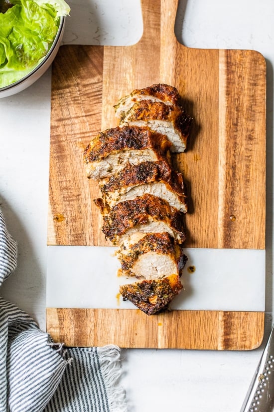 Sliced ​​chicken breast on a cutting board