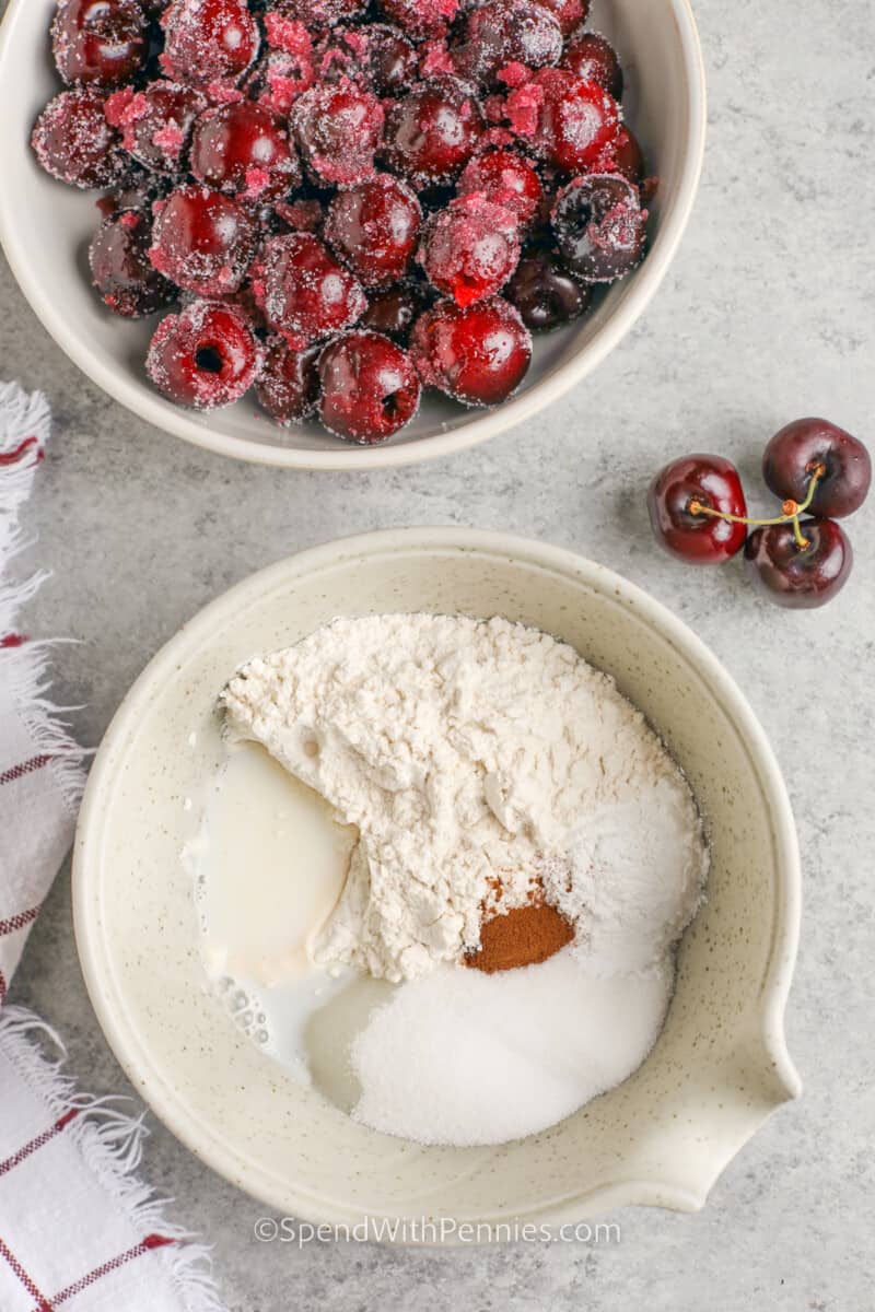 adding ingredients together to make Cherry Cobbler cake topping