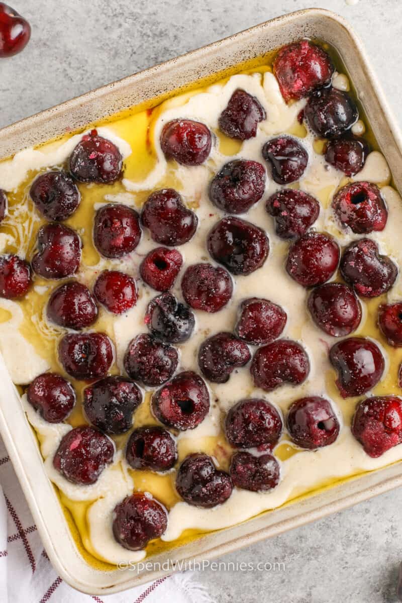 Cherry cobbler dish before baking