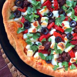 pizza recipe with chorizo ​​​​olives mexican style olives with roasted red pepper fresh cheese deep skillet