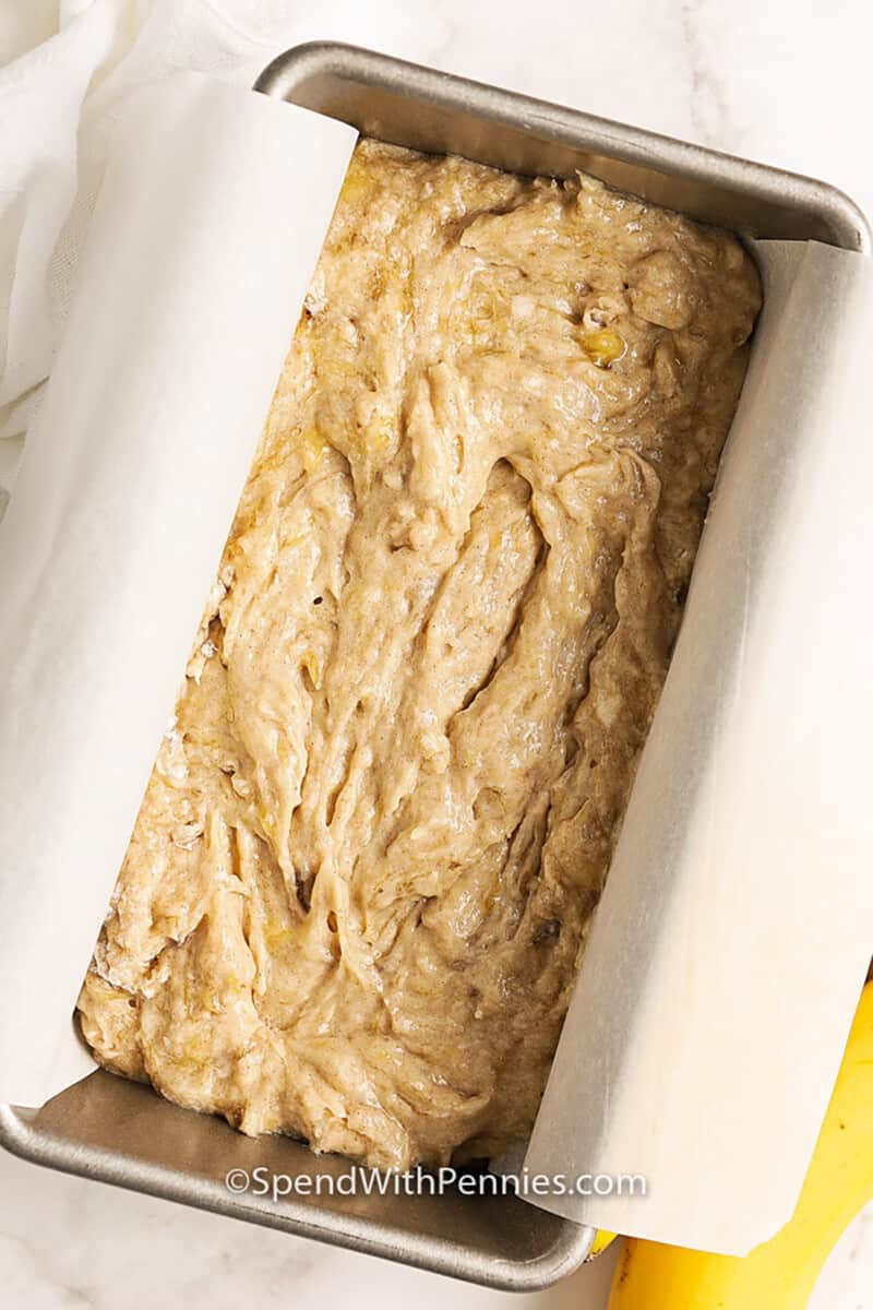 Classic banana bread in the loaf pan before baking