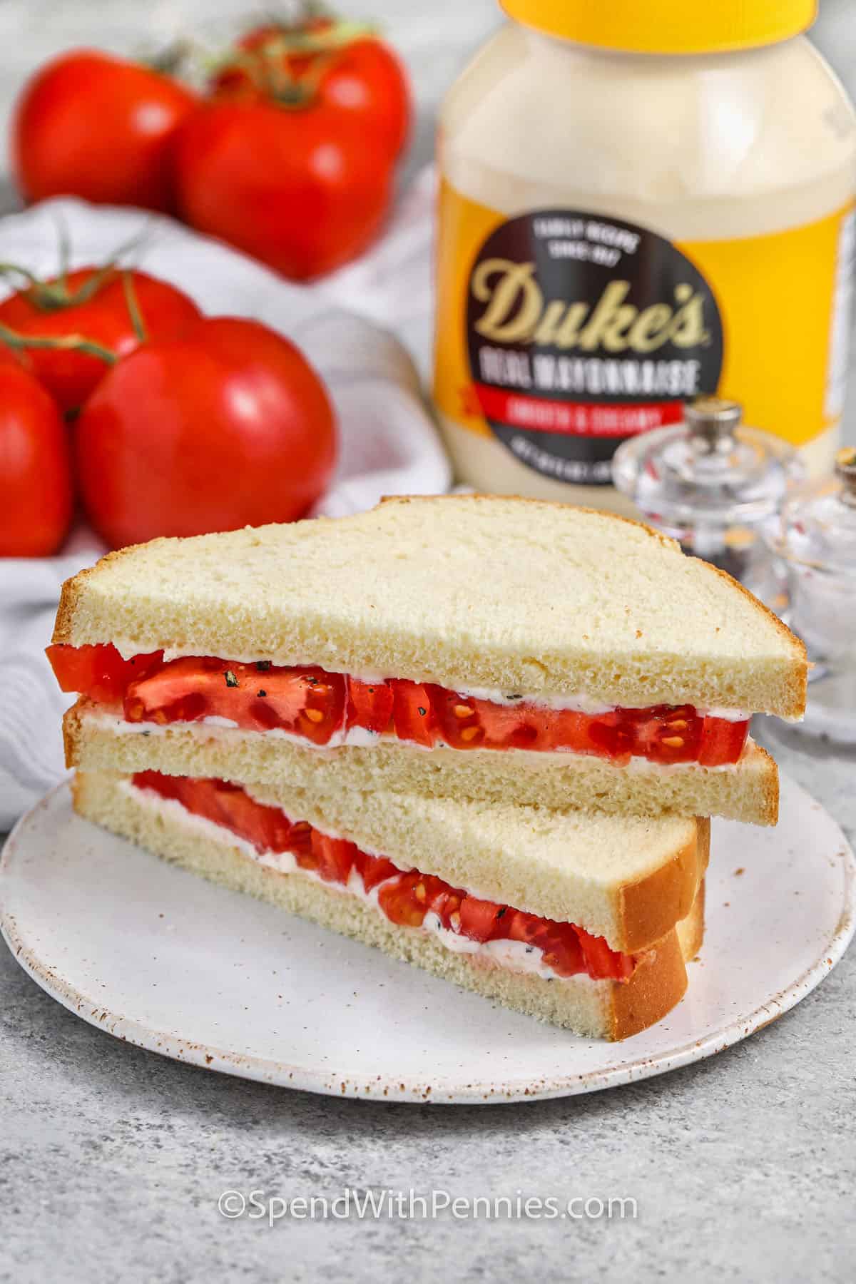 Easy classic tomato sandwich on a plate