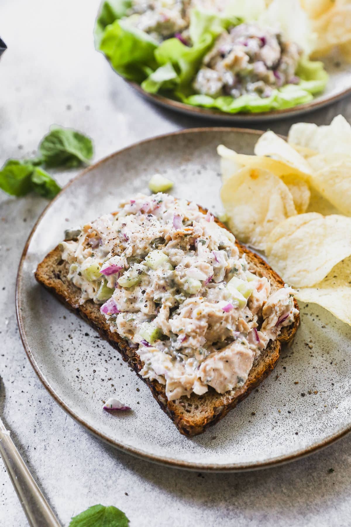 Classic tuna salad on toasted whole wheat bread