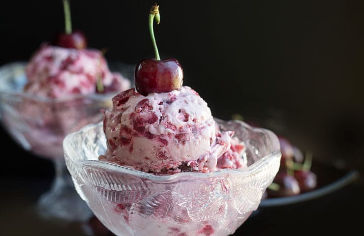 A close-up of homemade cherry ice cream.