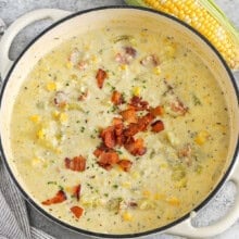 Easy Homemade Corn Chowder Pot with Bacon on Top