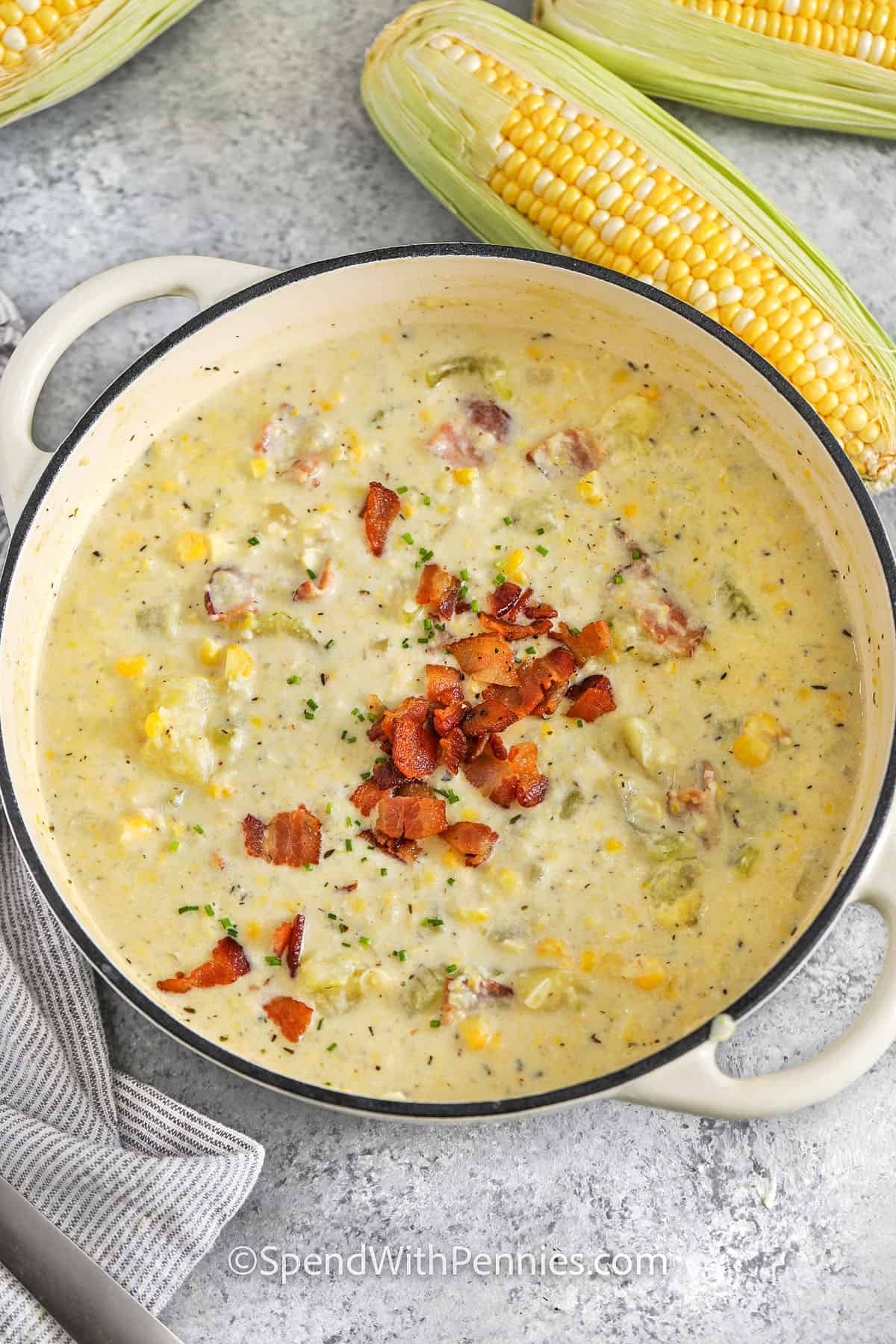 Easy Homemade Corn Chowder Pot with Bacon on Top