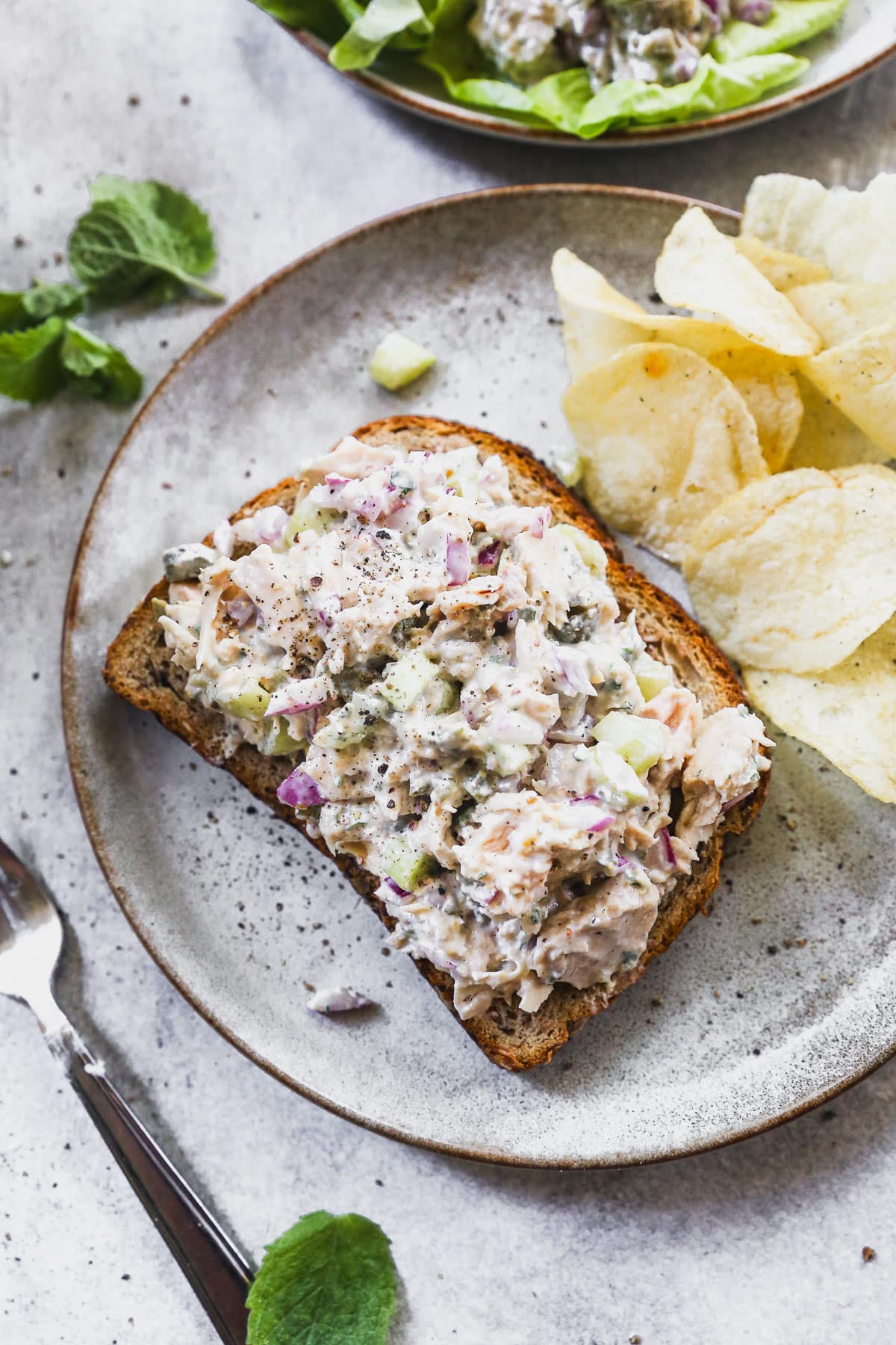 Overhead view of tuna salad on toast