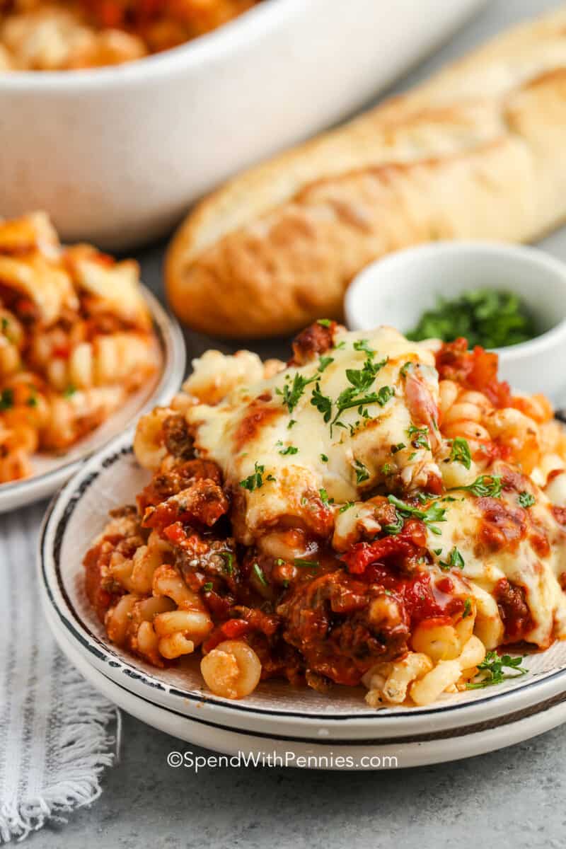 a plate of ground beef casserole