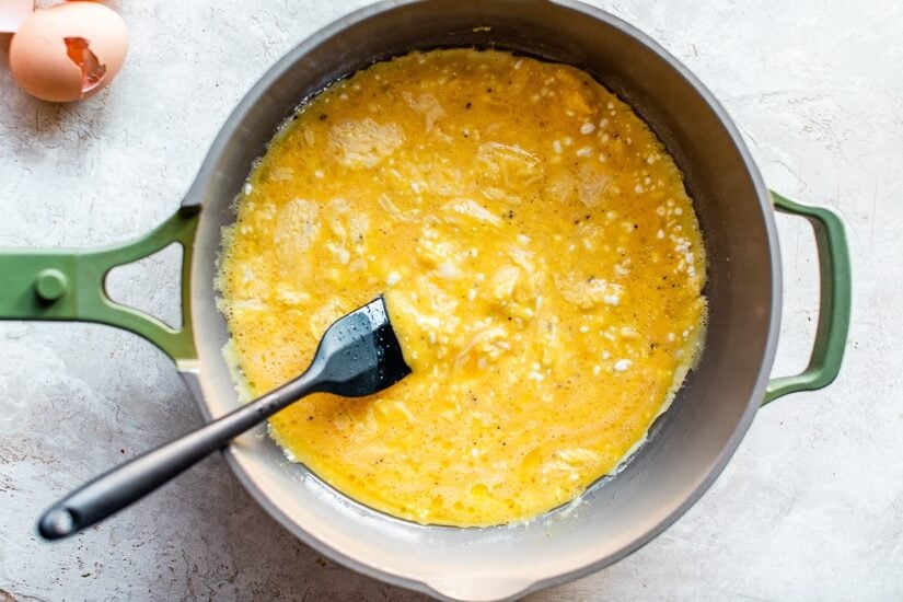 eggs and cottage cheese in a non-stick pan