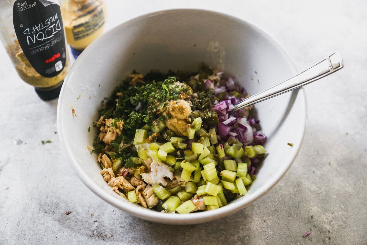 Ingredients for tuna salad in a bowl