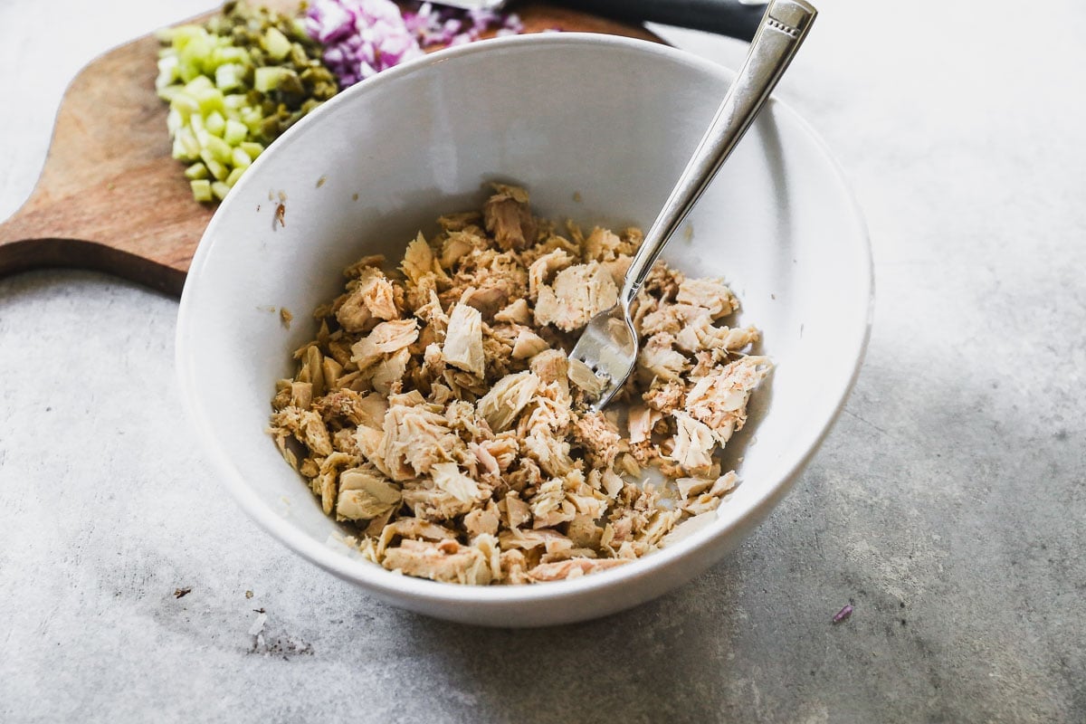 Shredded tuna in a bowl