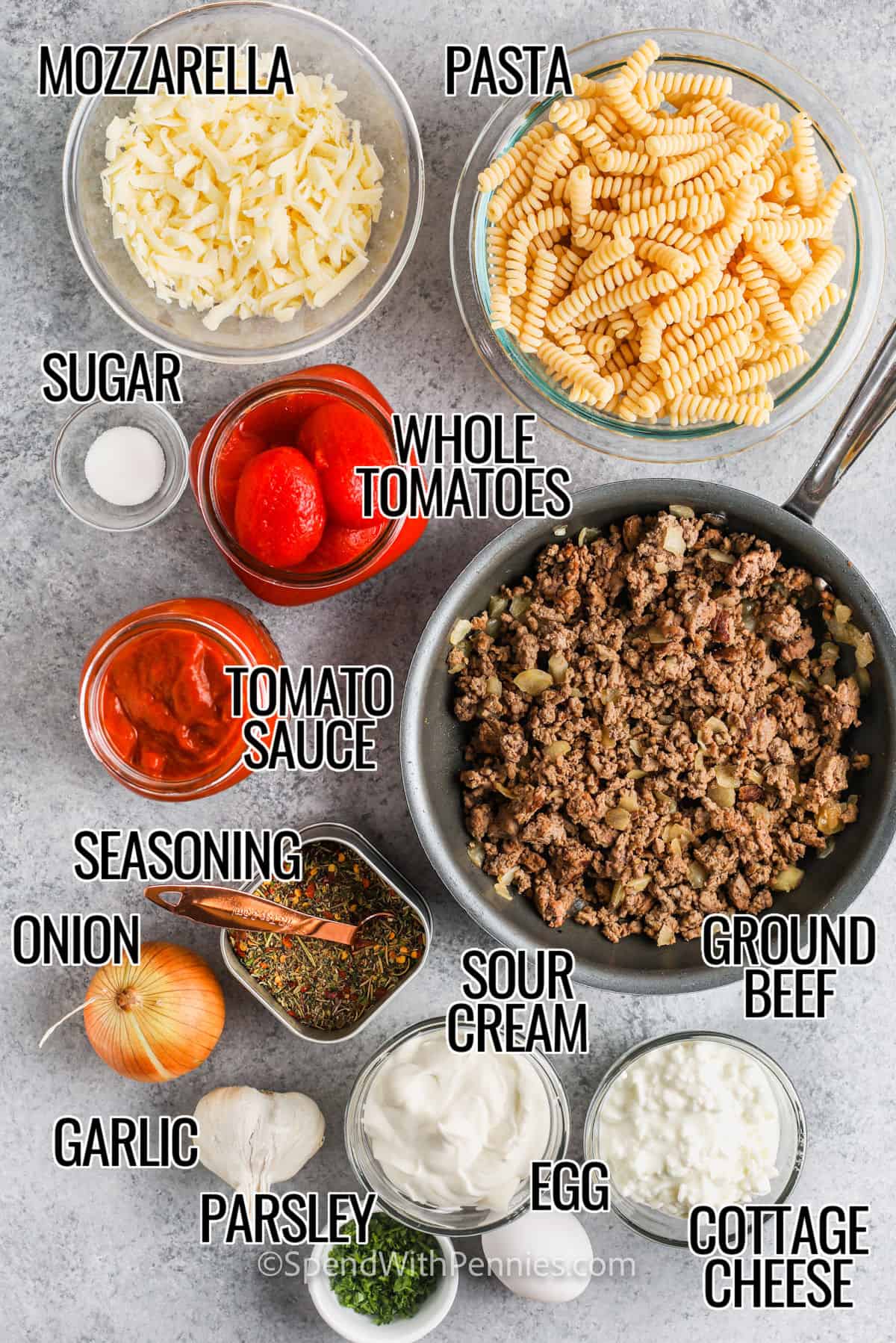 Ingredients to make Ground Beef Casserole with labels