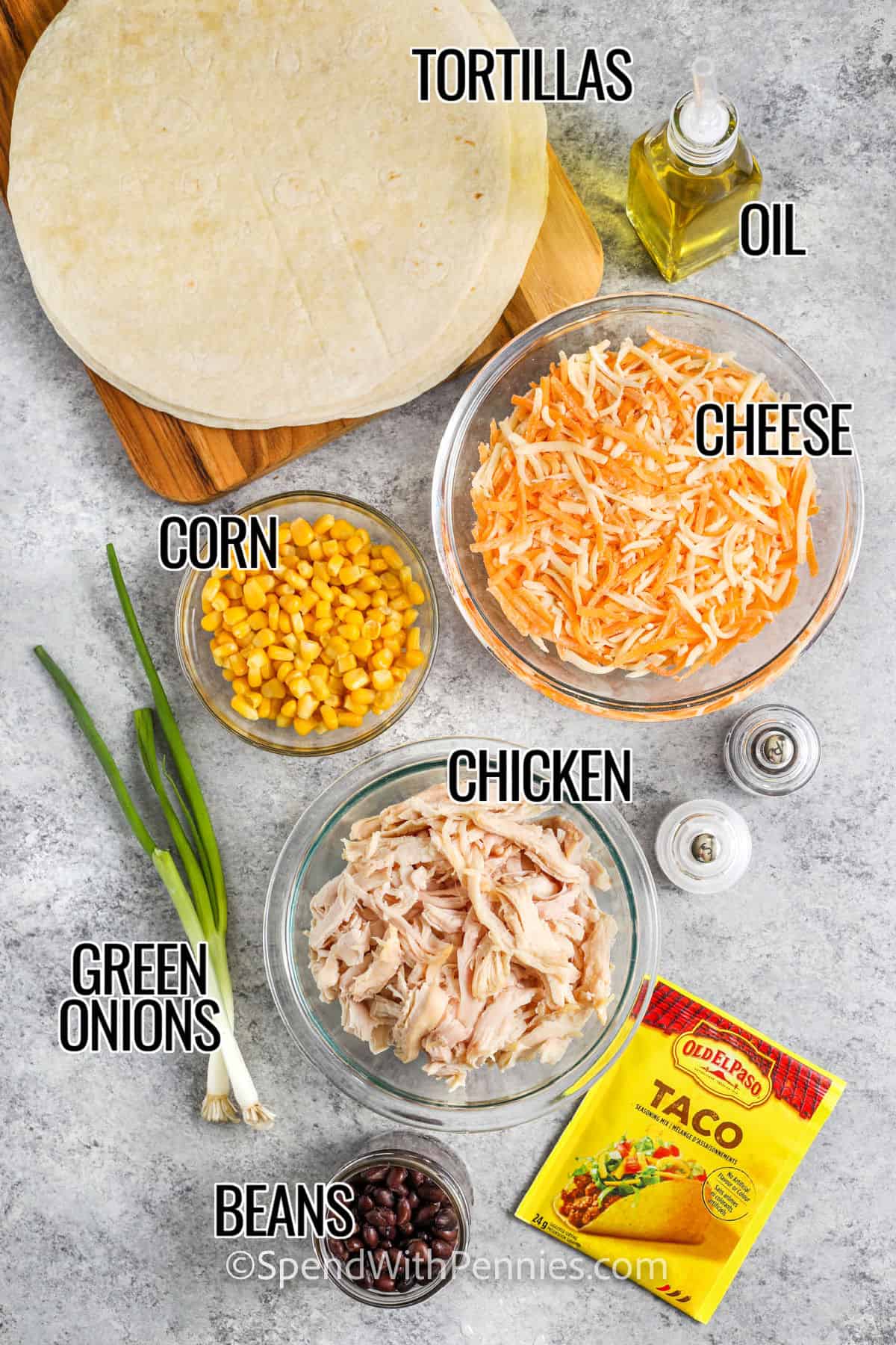 Tortillas, oil, cheese, corn, green onions, chicken, beans, taco seasonings with labels for making skillet quesadillas