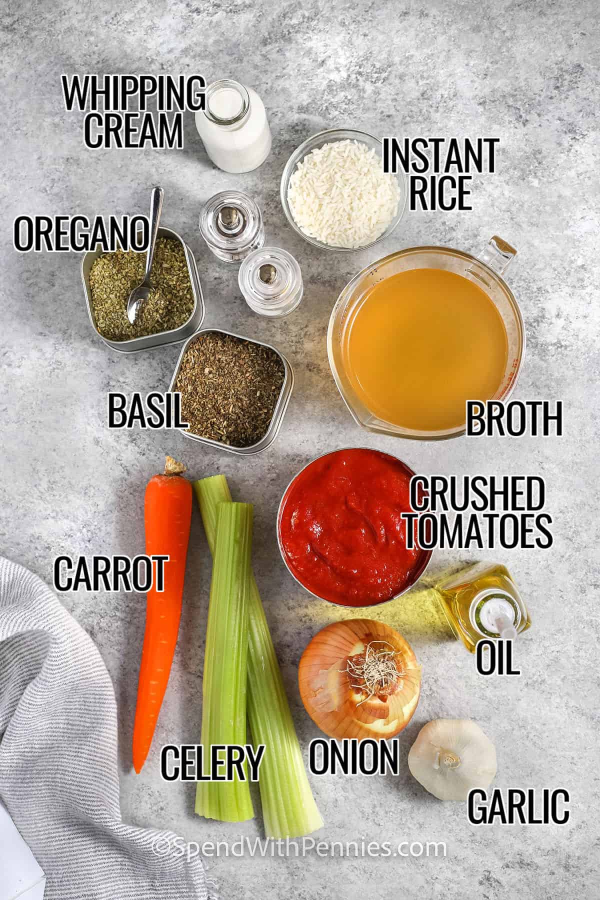 whipped cream, instant tice, oregano, basil, carrot, celery, onion, garlic, oil, crushed tomatoes and broth with labels to make Tomato Bisque