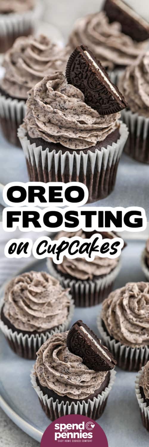 Cupcakes with Oreo frosting on a plate and close-up with a title