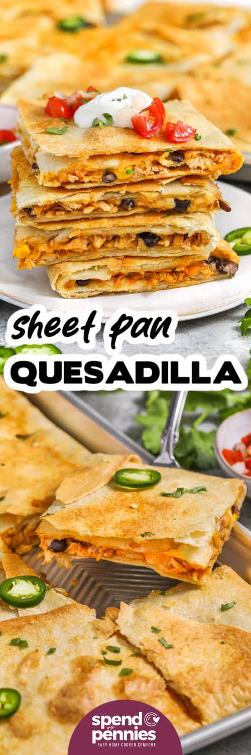 Quesadillas in a pan and plated with a title