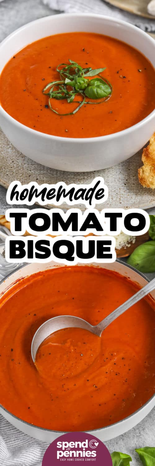 Tomato bisque in a pot and in a bowl with title