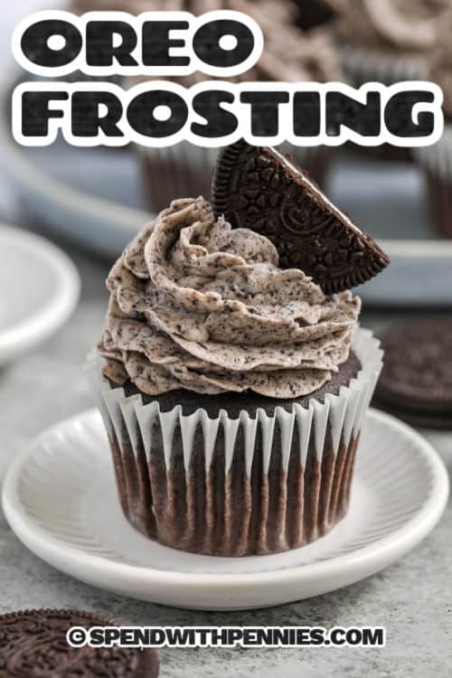 Oreo frosting on a cupcake with a title