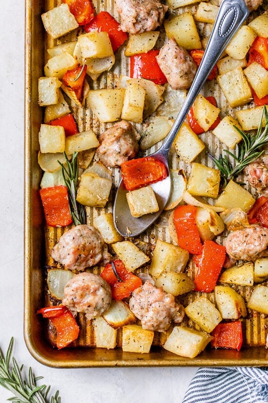 One-Pan Roasted Potatoes, Sausage, and Peppers is one of my favorite, easy one-pan meals. Great for weeknights and bonus points for easy cleanup!