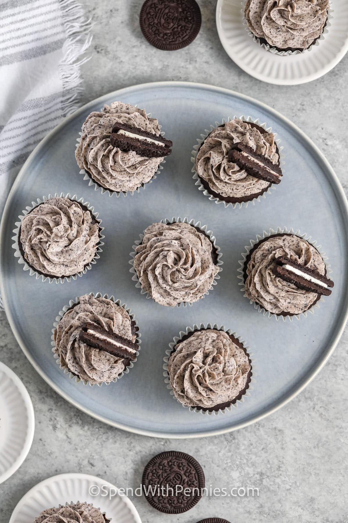 Top view of Oreo frosting on cupcakes