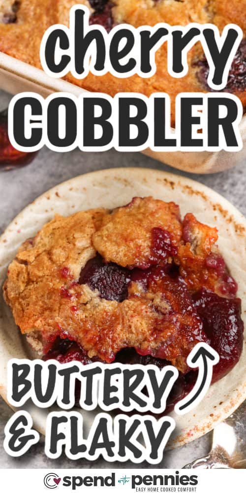 Slice of buttery cherry pie on a plate with writing