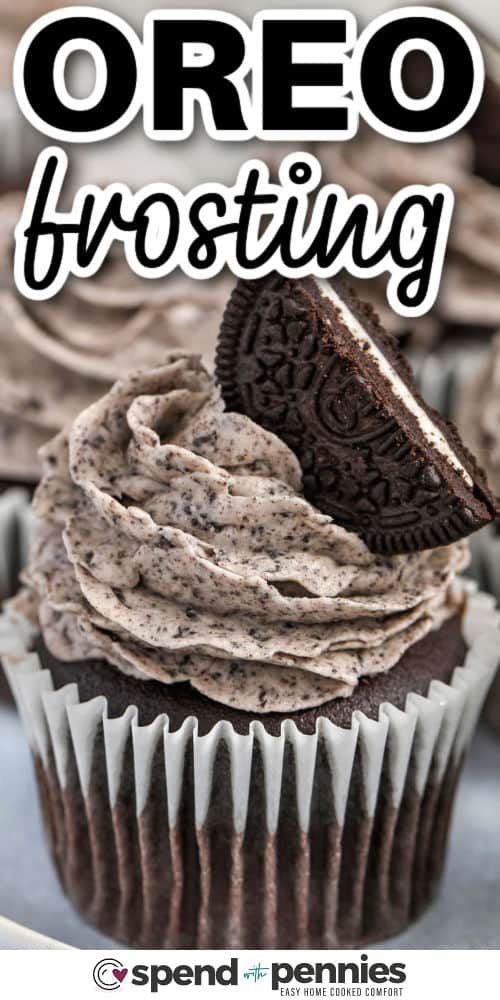 Close-up of a cupcake with Oreo frosting and a title