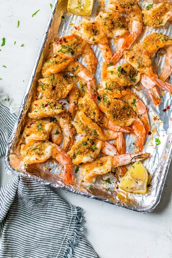 Shrimp with oreganata in a pan