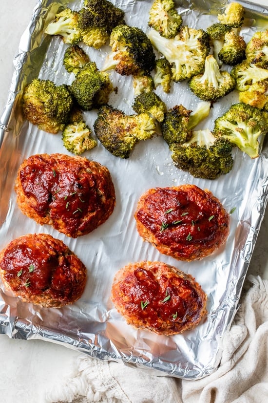 Skillet Turkey and Broccoli Meatloaf made with individual loaves cooked in a foil-lined skillet for a quick meal and easy cleanup.