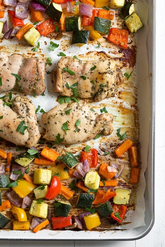 Prepare this super easy chicken and vegetable dinner on a baking sheet and pop it in the oven for a delicious, hassle-free meal. For easy cleanup, line the baking sheet with foil or parchment paper.