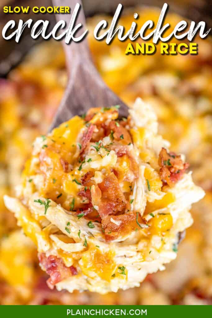 Spoonful of rice with chicken, cheese and bacon