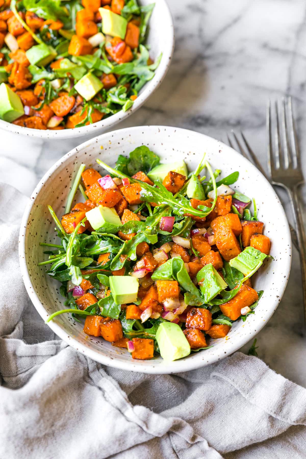 Sweet potato, avocado and arugula salad