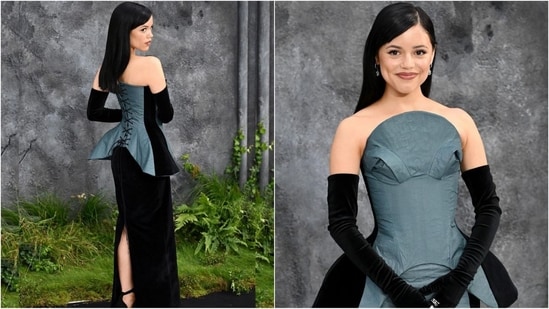 Jenna Ortega once again draws inspiration from Beetlejuice at the London premiere, wearing a custom teal and black Harris Reed gown. With sleek side-parted hair, high gloves and elegant makeup, she exudes gothic glamour. (Instagram)