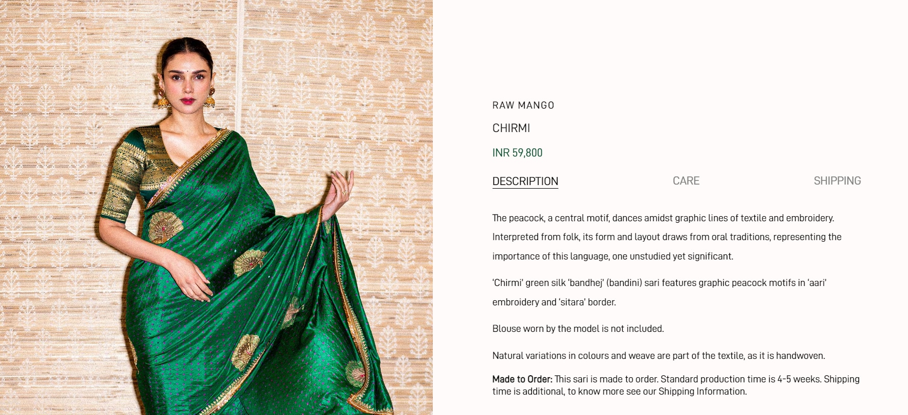 The green colour variant of the silk saree costs Rs 59,800 (rawmango.com)