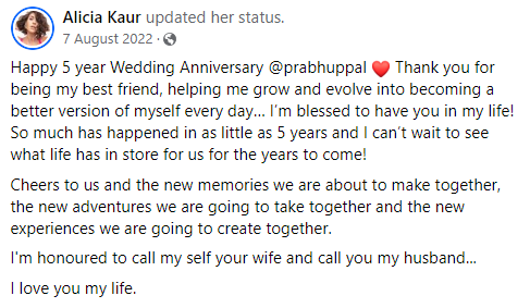 Alicia Kaur's anniversary post for Prabh Uppal (Photo: Facebook/Alicia Kaur)