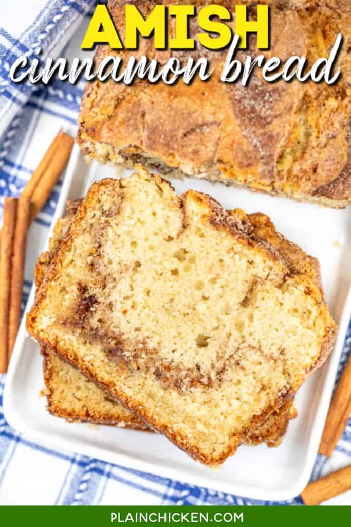 Cinnamon bread slice on a tray with text overlay