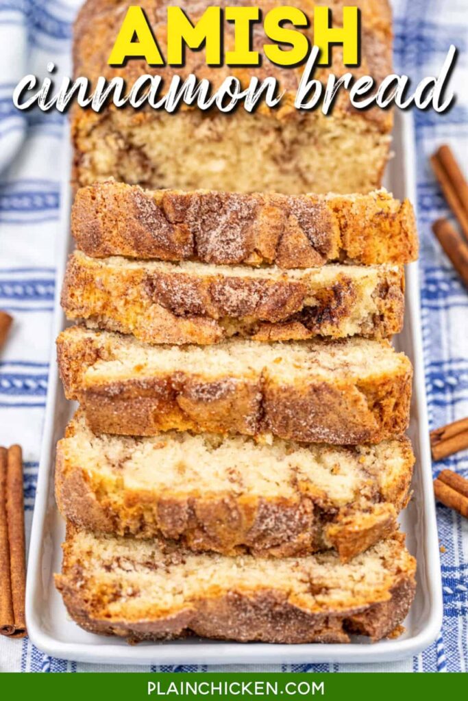 Sliced ​​cinnamon bread on a tray with text overlay