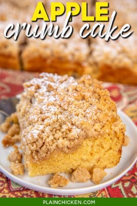 Slice of crumb cake on a plate with text overlay