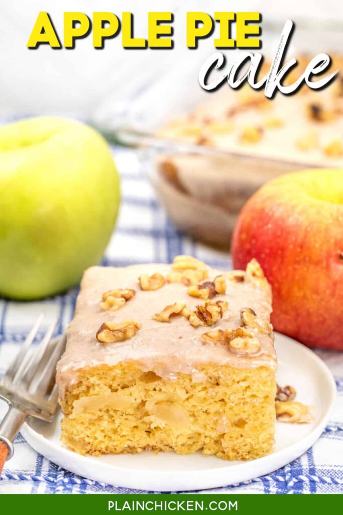 Slice of apple pie on a plate with text overlay