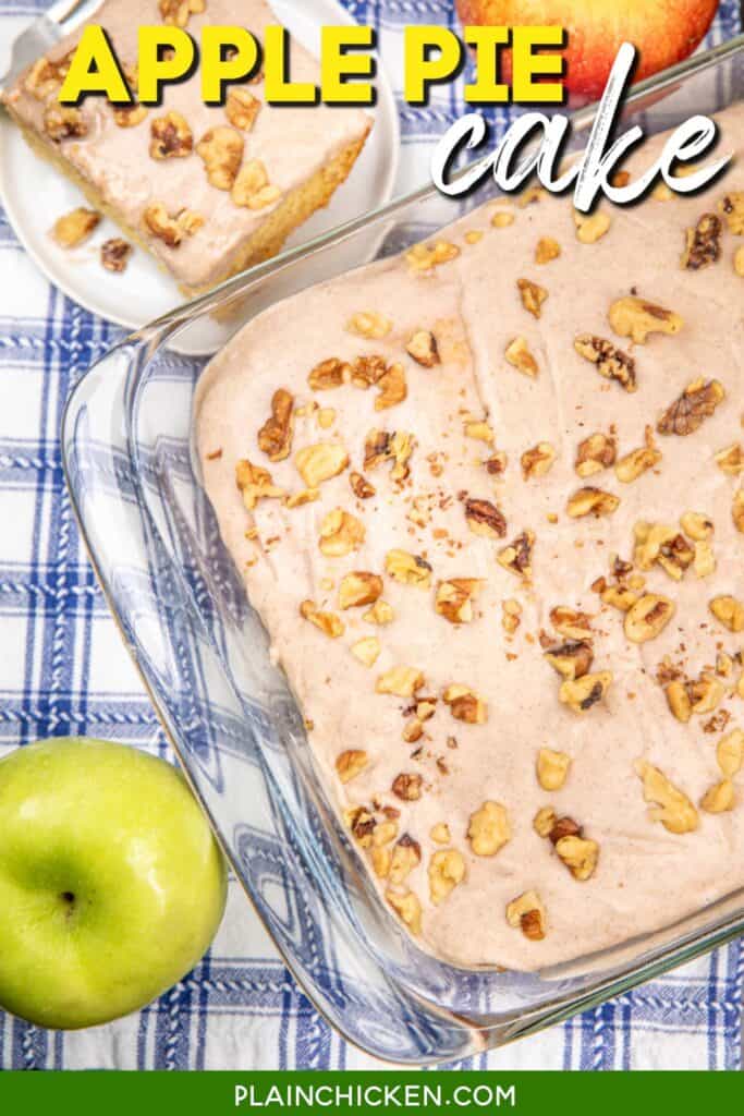 Apple pie in a baking dish with text overlay