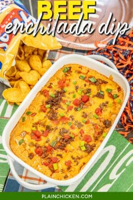 Baking dish with sauce on a table with French fries with text overlay